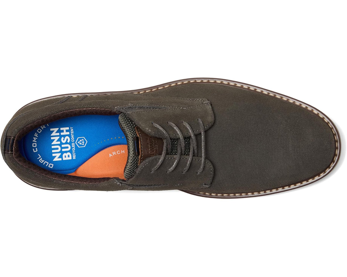 Men's Nunn Bush Griff Plain Toe Oxford Lightweight and Comfortable for all Occasions Suede Lace-Up Grey